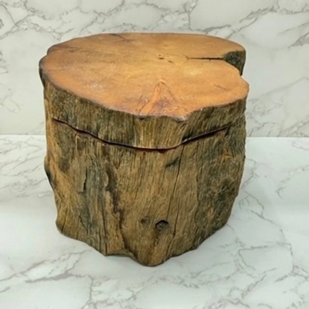Log Wood Storage Box Hand Carved Trinket Heart Shaped Lined‎ Jewelry Keepsake